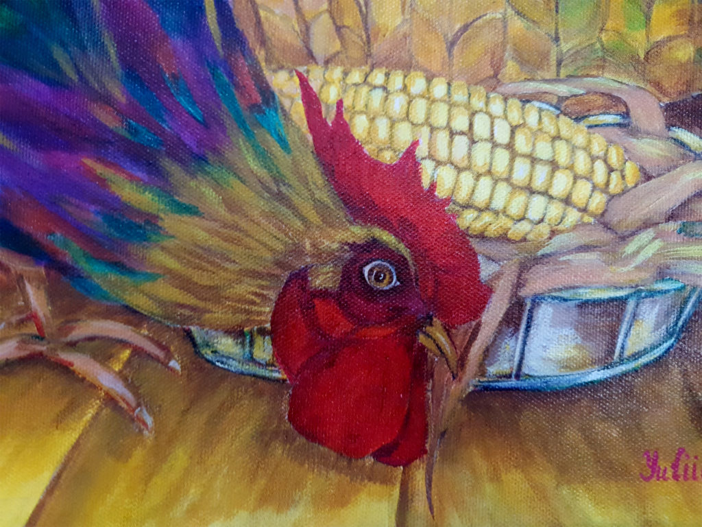 An unexpected guest. A rooster visiting the artist