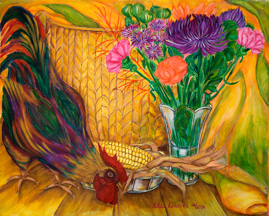 An unexpected guest. A rooster visiting the artist