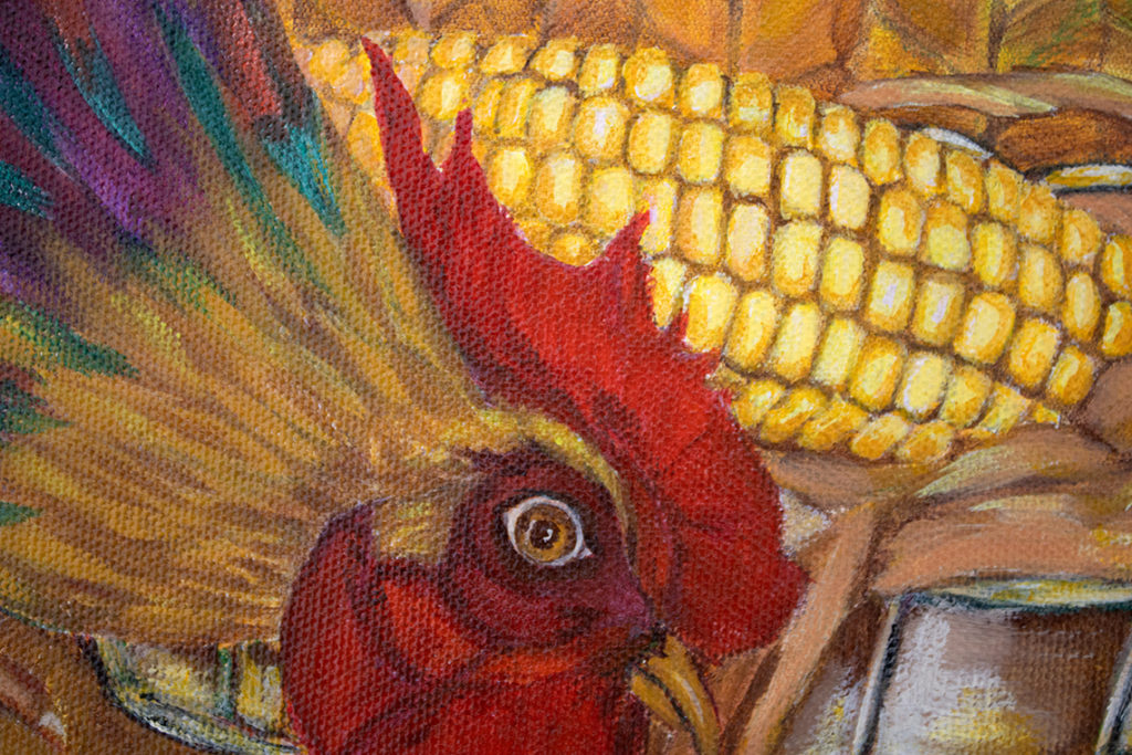 An unexpected guest. A rooster visiting the artist