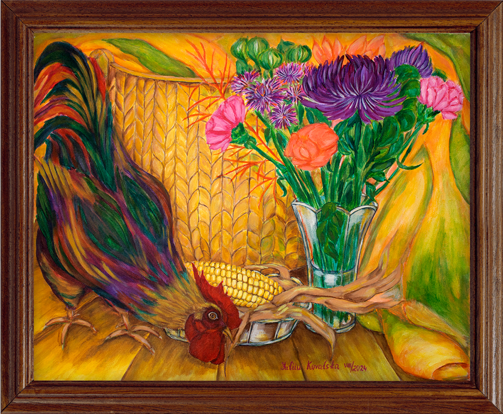 An unexpected guest. A rooster visiting the artist