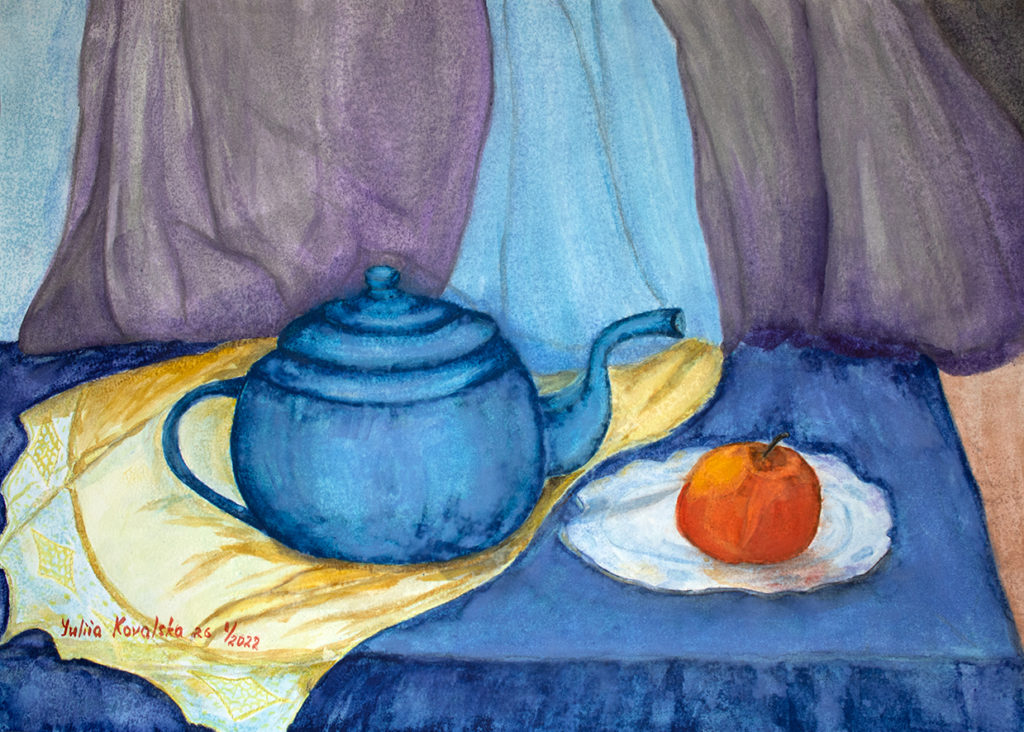 Still life with teapot. Fifteen shades of blue