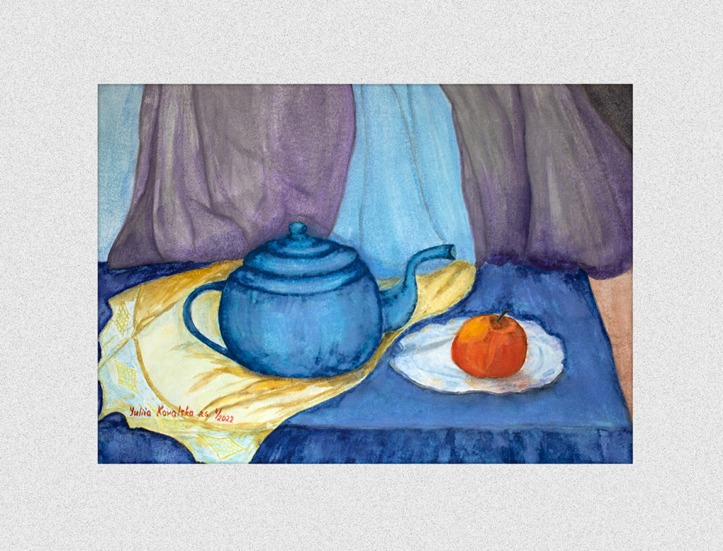 Still life with teapot. Fifteen shades of blue