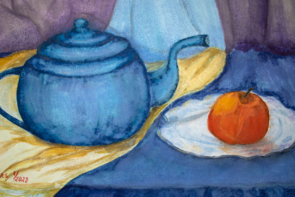 Still life with teapot. Fifteen shades of blue
