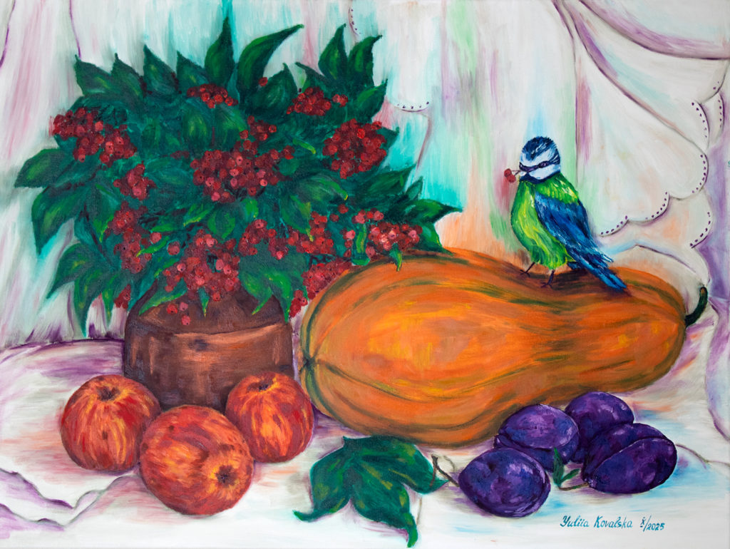 Autumn still life with a blue tit