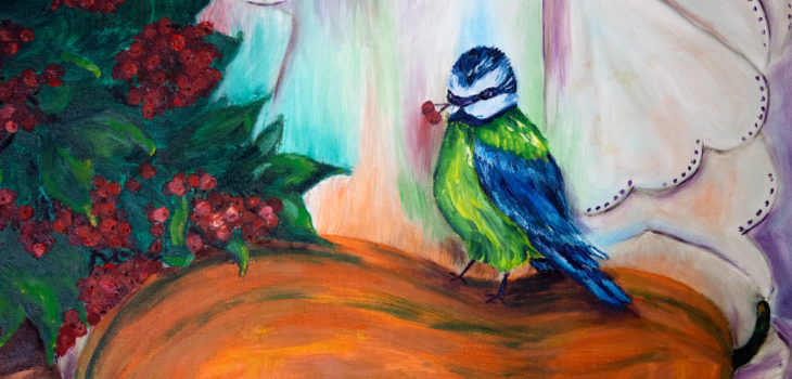 Autumn still life with a blue tit