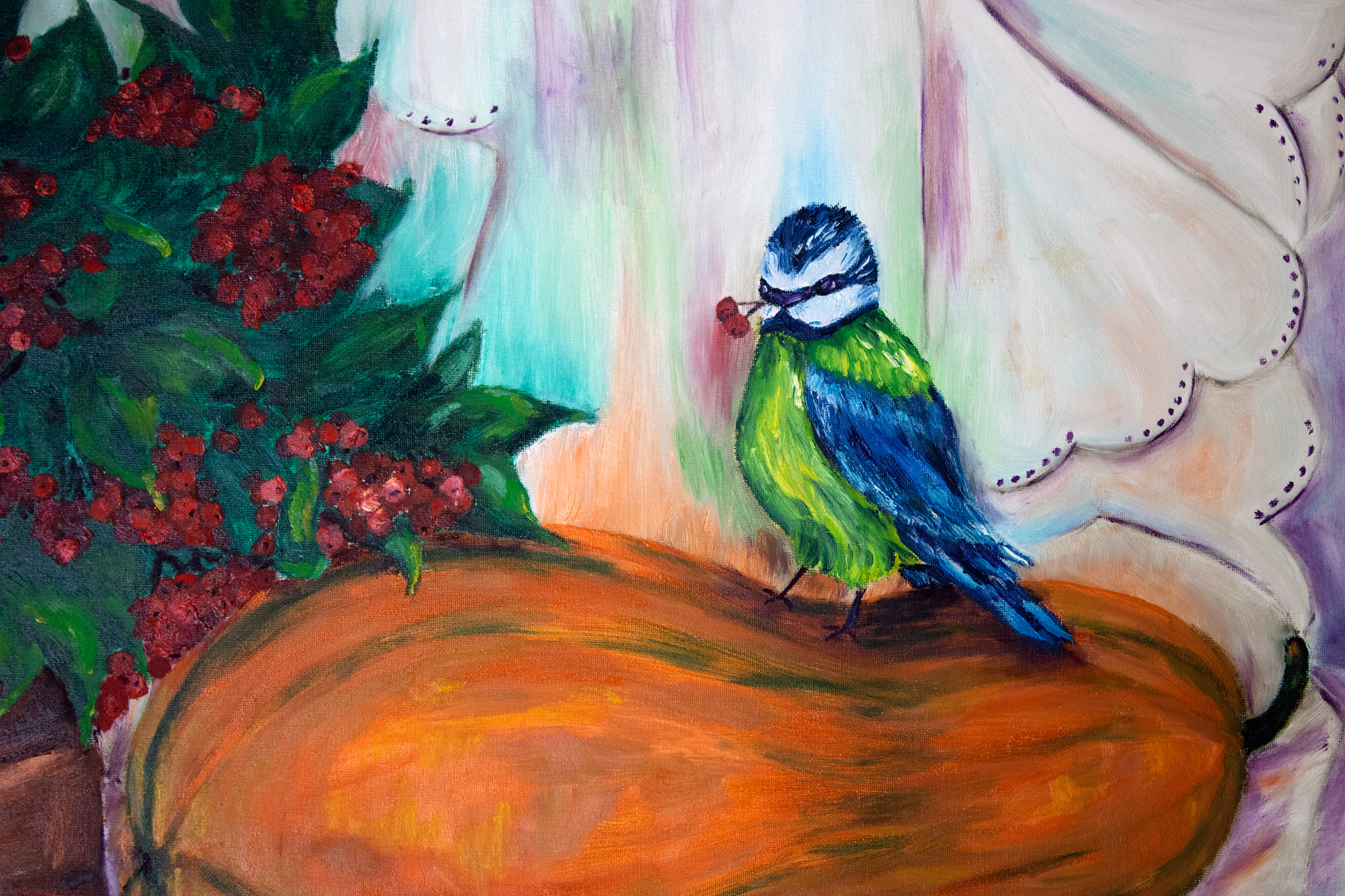 Autumn still life with a blue tit