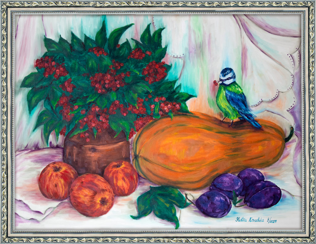 Autumn still life with a blue tit